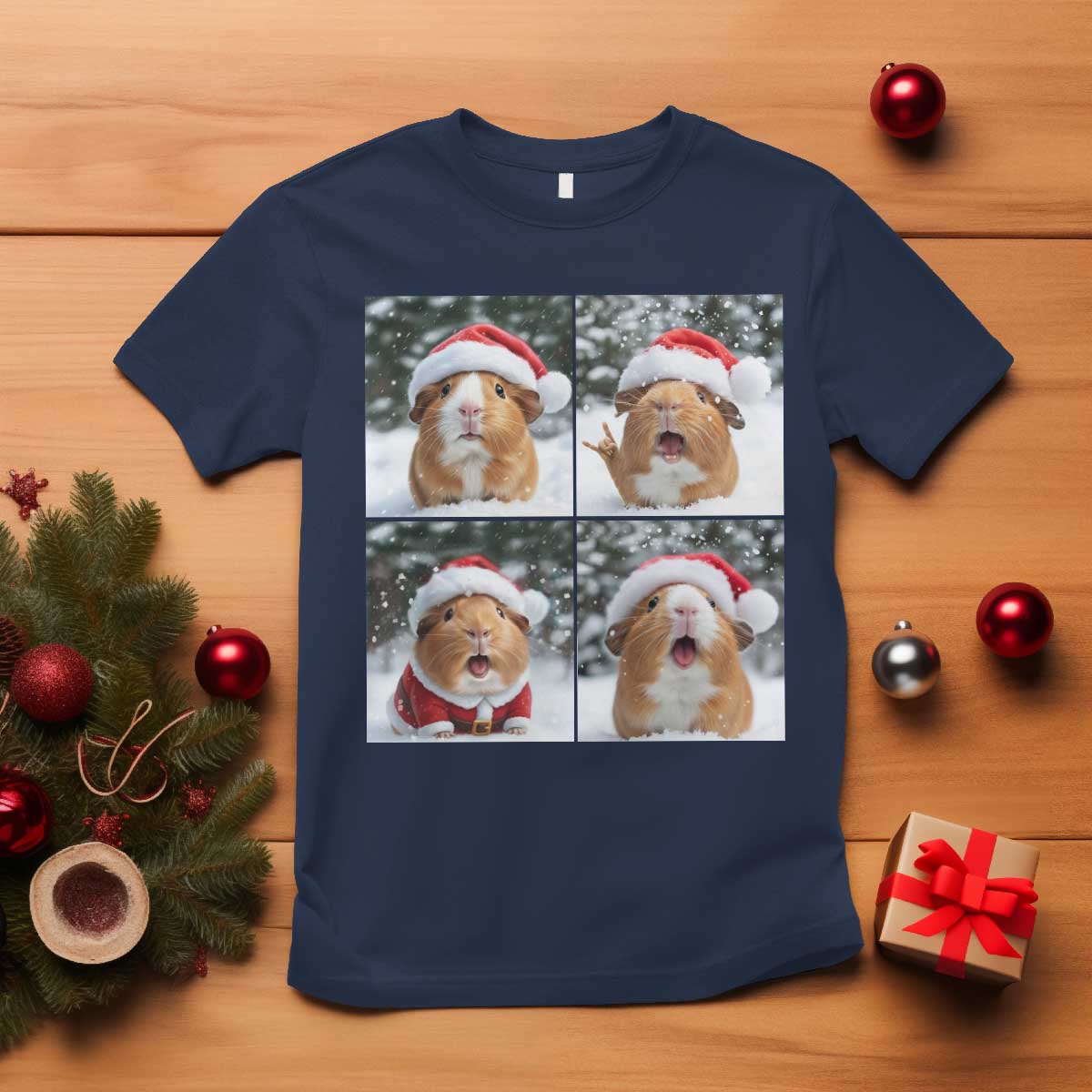 Funny Guinea Pig With Santa Hat Photobooth T Shirt Christmas Gift TS12 Navy Print Your Wear