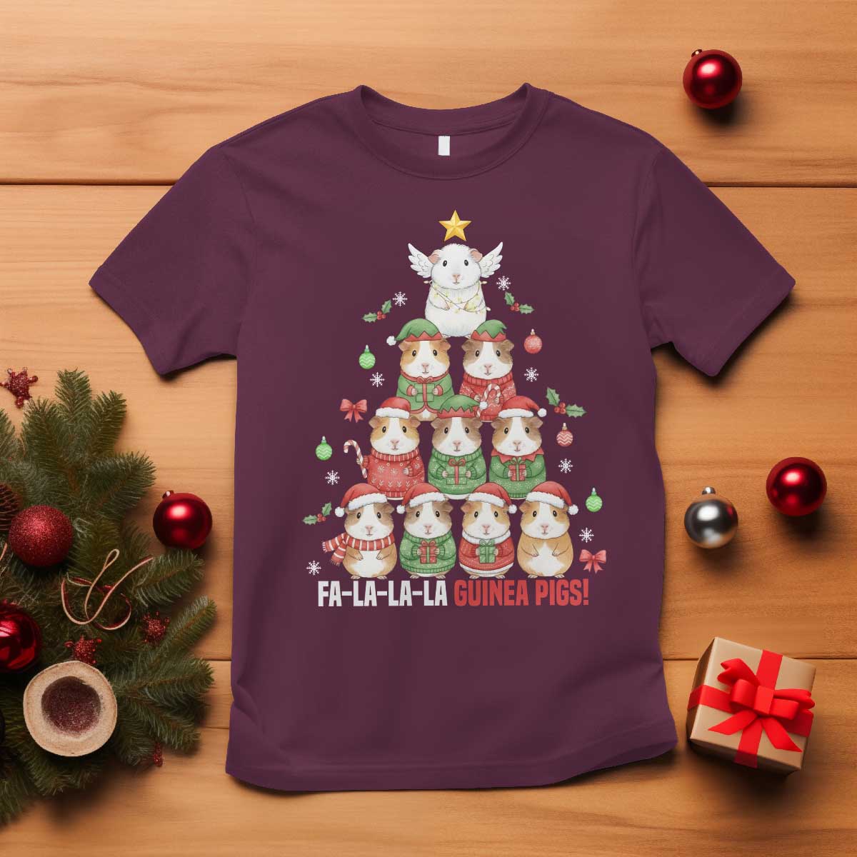 Fa La La La Guinea Pigs T Shirt Funny Christmas Cavy Lover Gift TS12 Maroon Print Your Wear