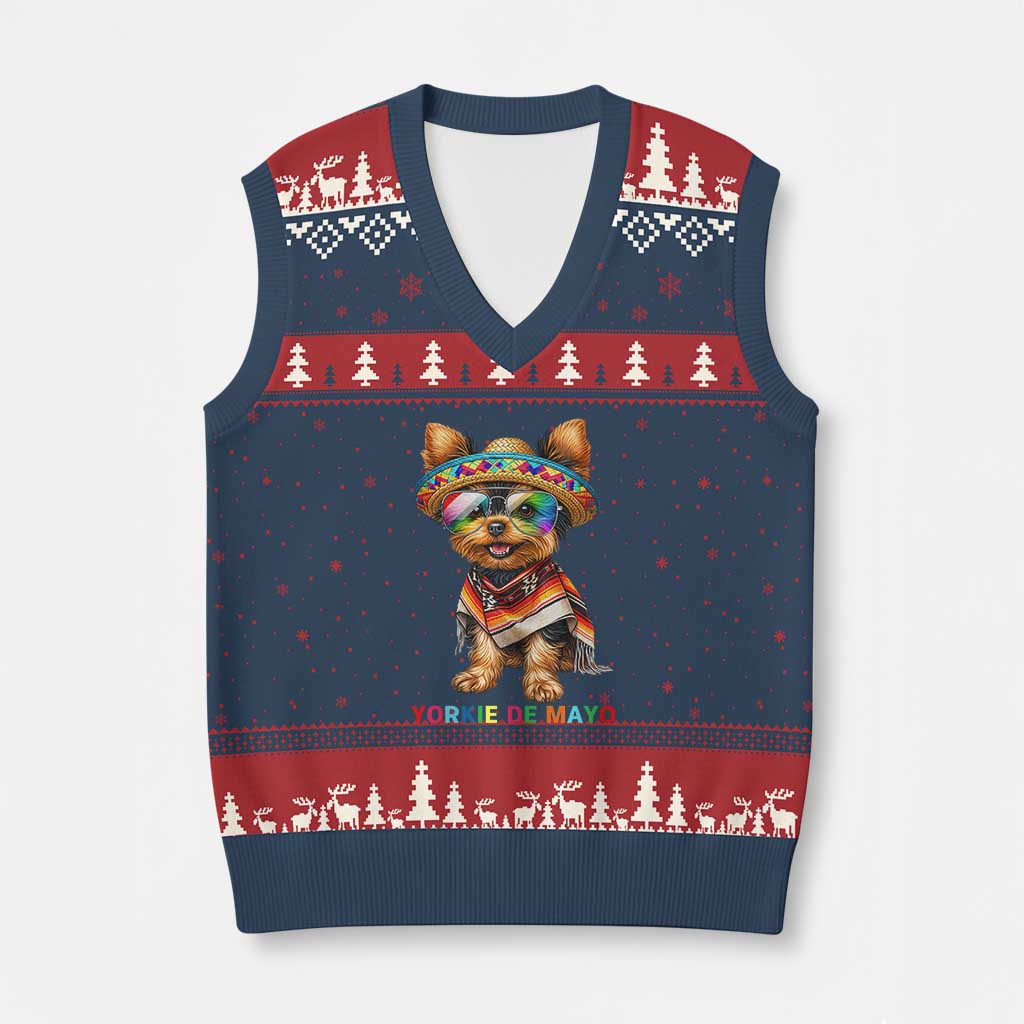 Yorkie De Mayo V-Neck Knit Sweater Vest Cinco De Mayo Dog Lover TS12 Navy Red Print Your Wear