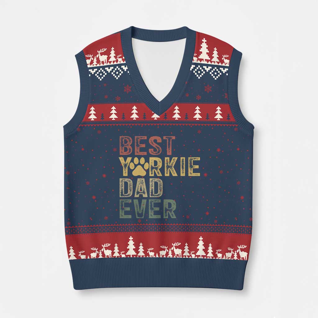 Best Yorkie Dad Ever V-Neck Knit Sweater Vest Retro Vintage Yorkshire Terrier Gift TS12 Navy Red Print Your Wear