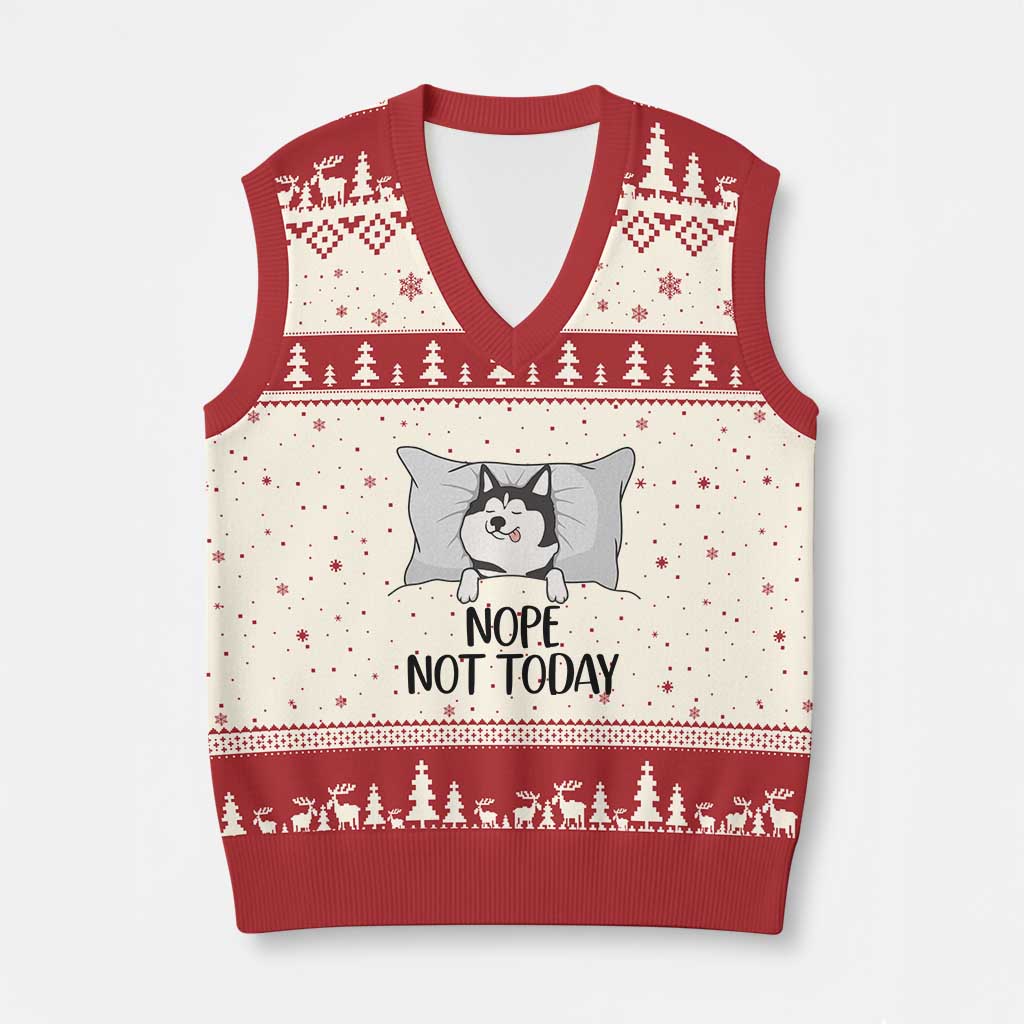 Lazy Siberian Husky Meme V-Neck Knit Sweater Vest Nope Not Today TS12 Beige Red Print Your Wear