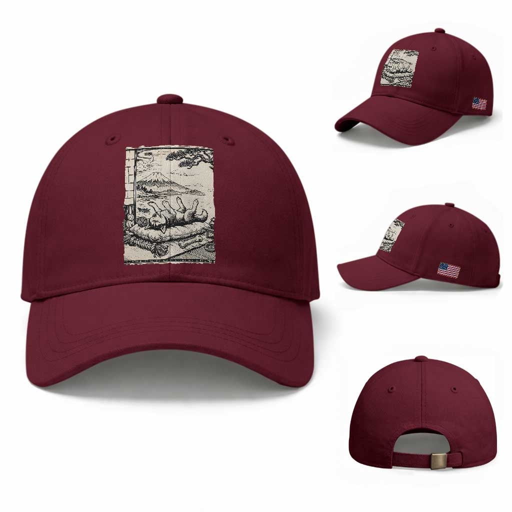 Vintage Japanese Ukiyoe Siberian Husky Baseball Cap Cute Sleeping Animal Gift TS12 Baseball Cap Universal Fit Maroon Print Your Wear