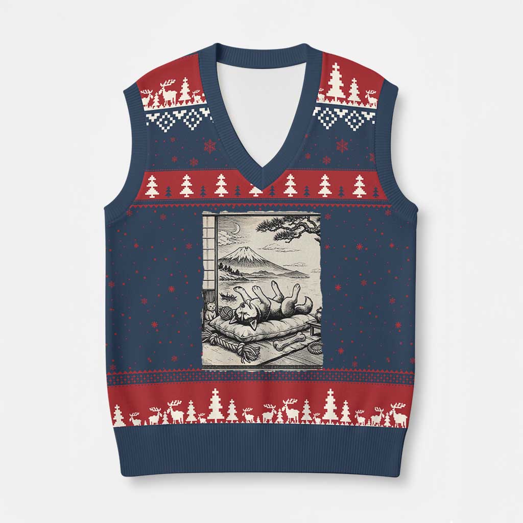 Vintage Japanese Ukiyoe Siberian Husky V-Neck Knit Sweater Vest Cute Sleeping Animal Gift TS12 Navy Red Print Your Wear