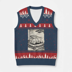 Vintage Japanese Ukiyoe Siberian Husky V-Neck Knit Sweater Vest Cute Sleeping Animal Gift TS12 Navy Red Print Your Wear