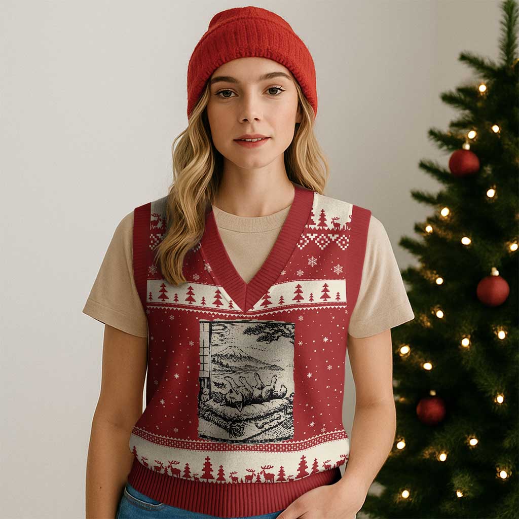 Vintage Japanese Ukiyoe Siberian Husky V-Neck Knit Sweater Vest Cute Sleeping Animal Gift TS12 Red Beige Print Your Wear