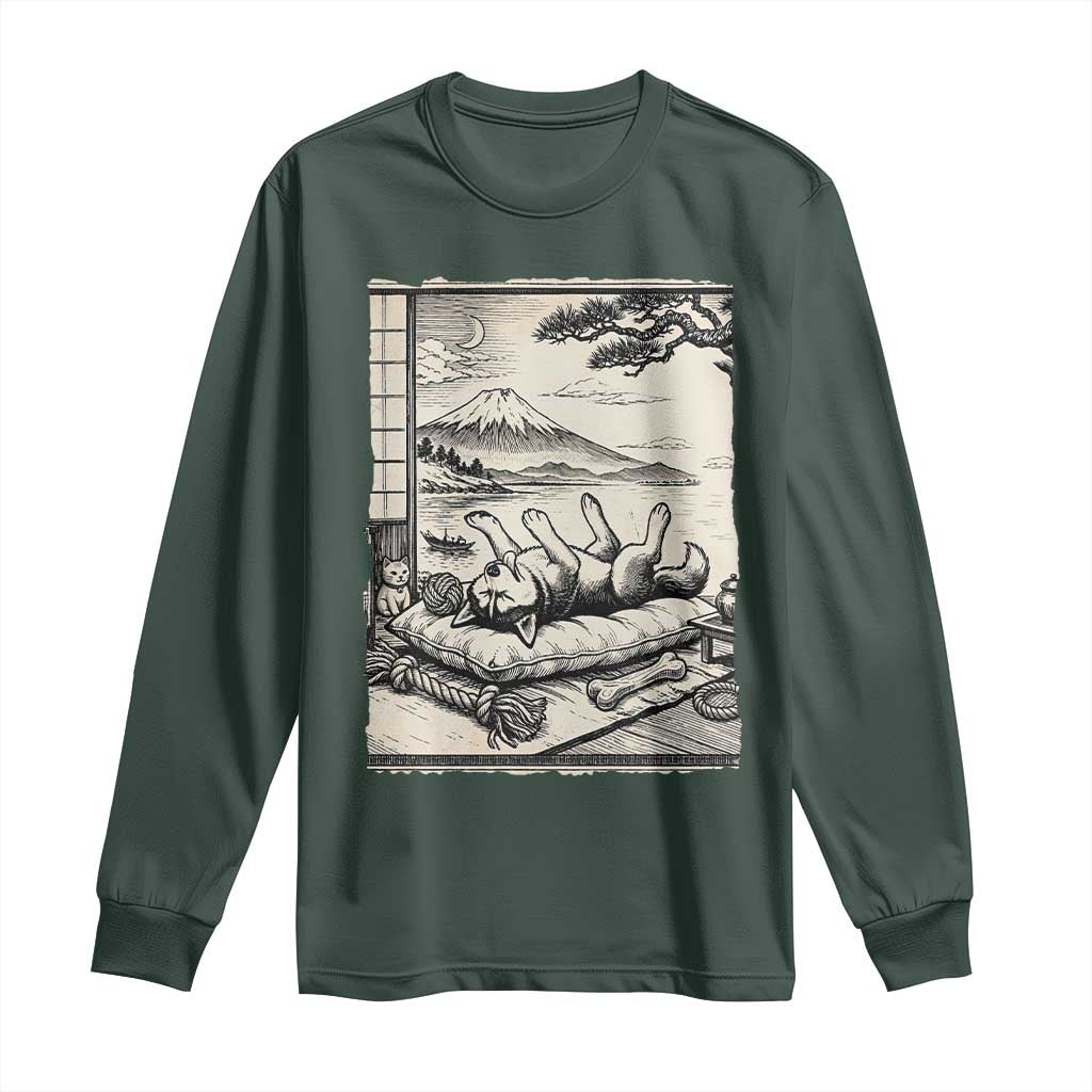 Vintage Japanese Ukiyoe Siberian Husky Long Sleeve Shirt Cute Sleeping Animal Gift TS12 Dark Forest Green Print Your Wear