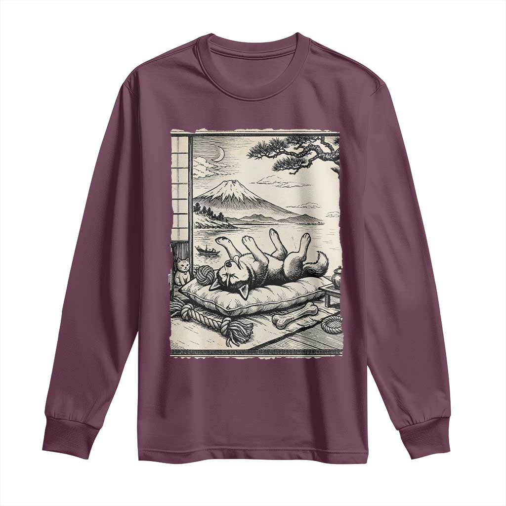 Vintage Japanese Ukiyoe Siberian Husky Long Sleeve Shirt Cute Sleeping Animal Gift TS12 Maroon Print Your Wear