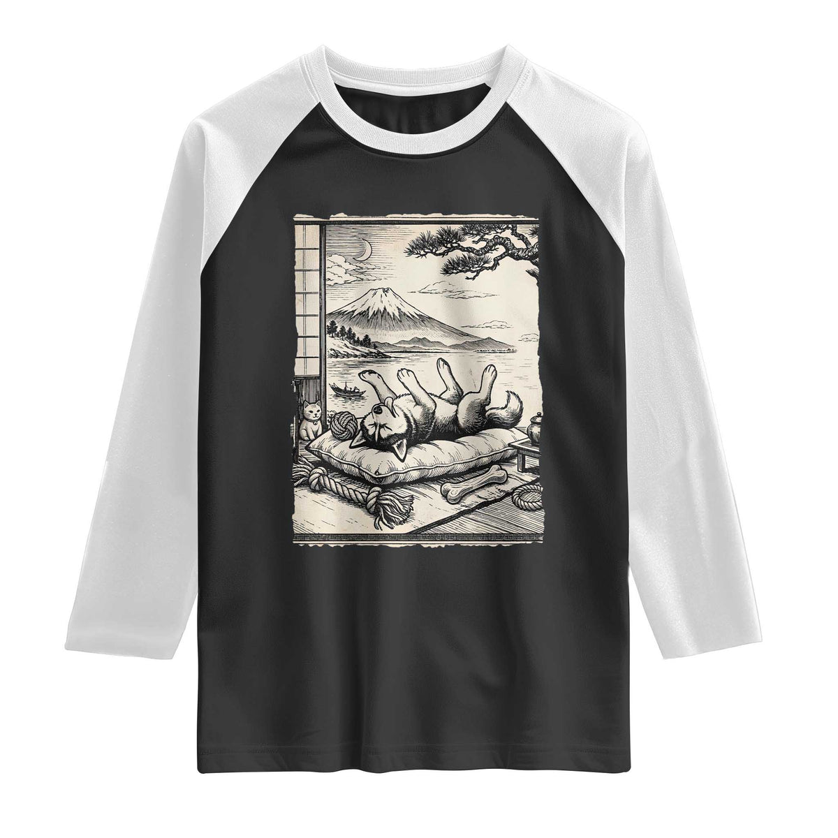 Vintage Japanese Ukiyoe Siberian Husky Raglan Shirt Cute Sleeping Animal Gift TS12 Black White Print Your Wear