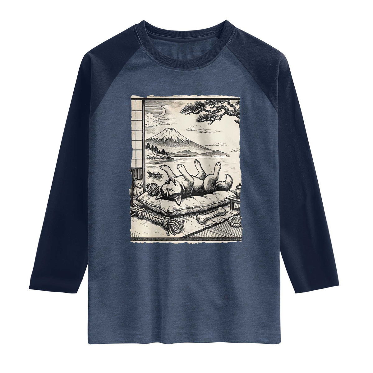 Vintage Japanese Ukiyoe Siberian Husky Raglan Shirt Cute Sleeping Animal Gift TS12 Heather Denim Navy Print Your Wear