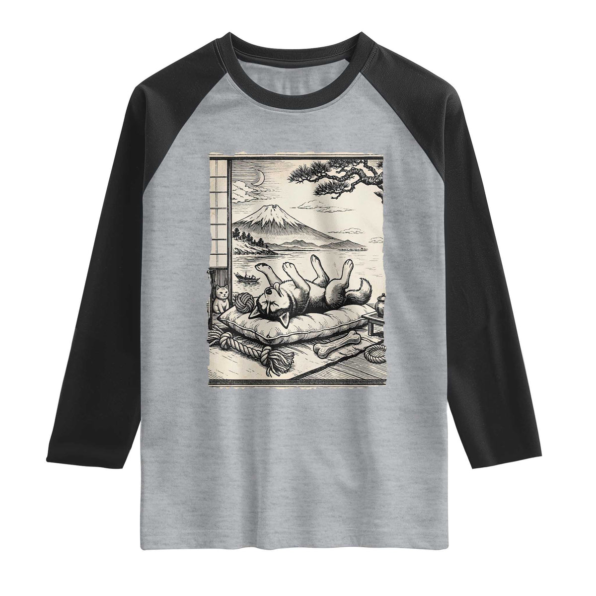 Vintage Japanese Ukiyoe Siberian Husky Raglan Shirt Cute Sleeping Animal Gift TS12 Heather Gray Black Print Your Wear