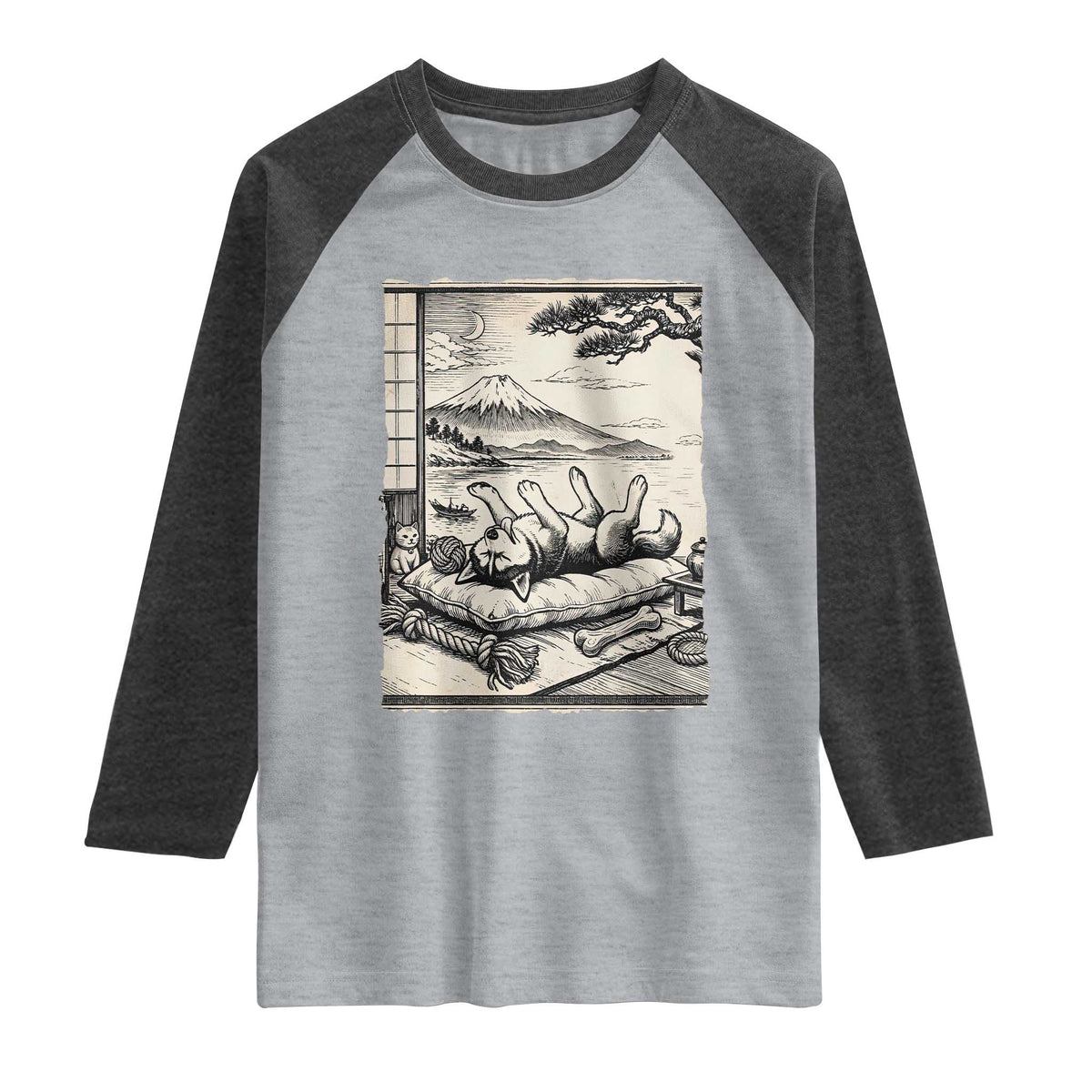 Vintage Japanese Ukiyoe Siberian Husky Raglan Shirt Cute Sleeping Animal Gift TS12 Heather Gray Heather Charcoal Print Your Wear