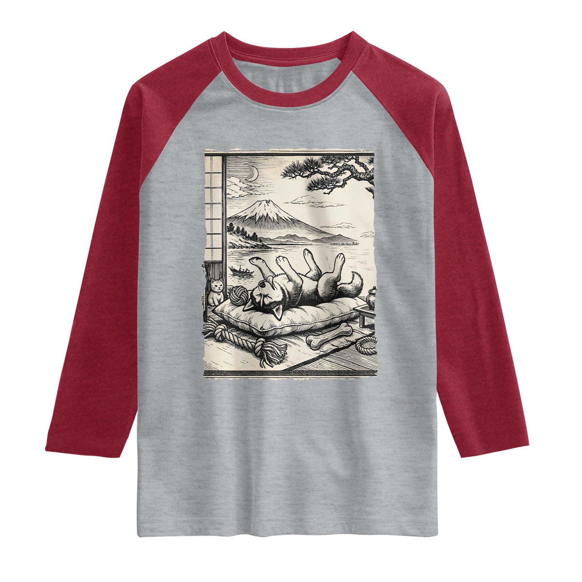 Vintage Japanese Ukiyoe Siberian Husky Raglan Shirt Cute Sleeping Animal Gift TS12 Heather Gray Heather Red Print Your Wear