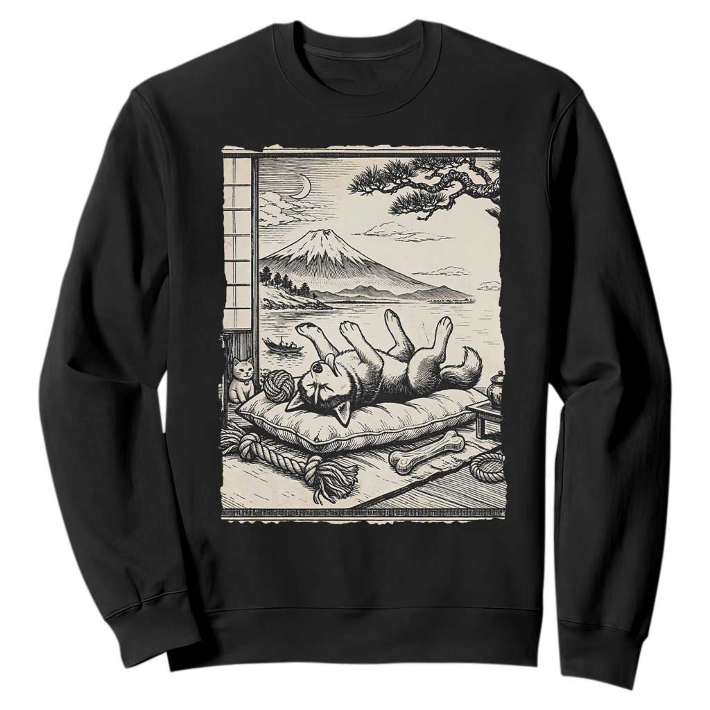 Vintage Japanese Ukiyoe Siberian Husky Sweatshirt Cute Sleeping Animal Gift TS12 Black Print Your Wear