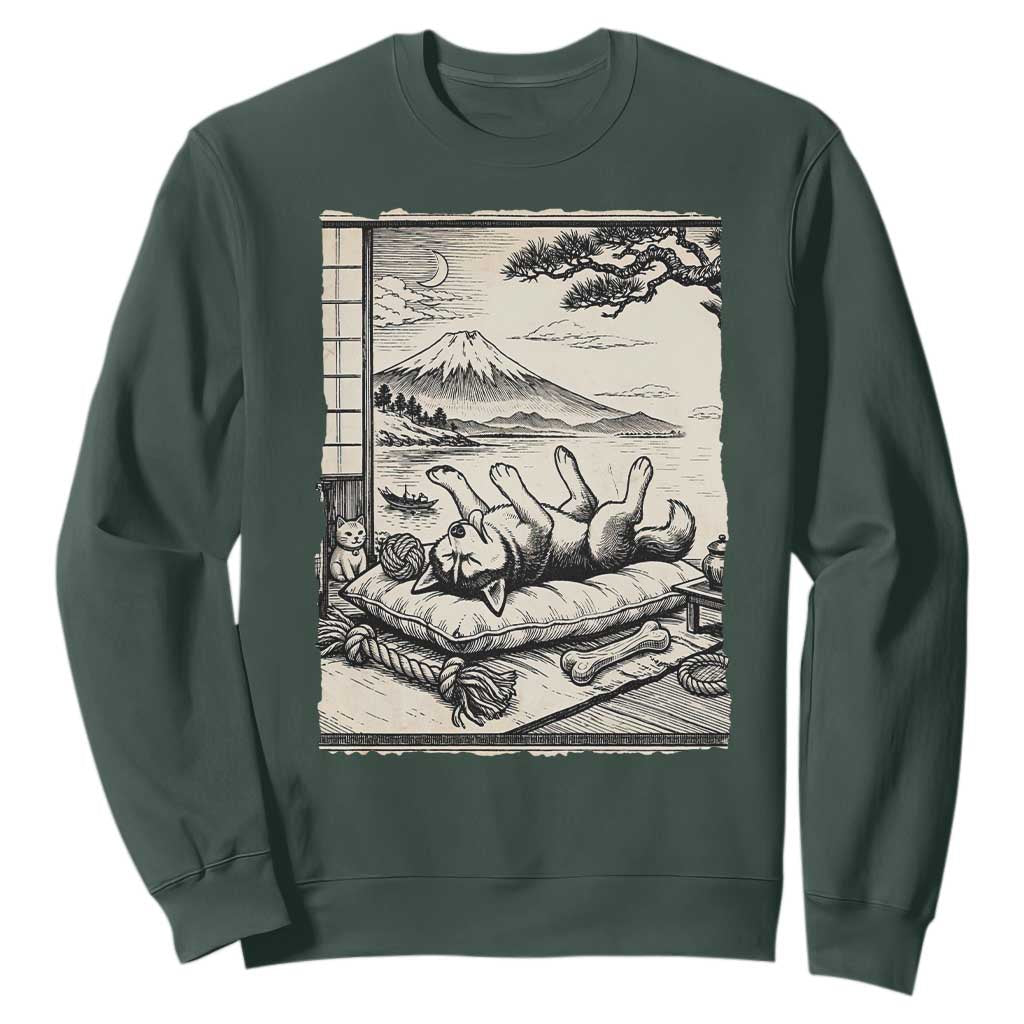 Vintage Japanese Ukiyoe Siberian Husky Sweatshirt Cute Sleeping Animal Gift TS12 Dark Forest Green Print Your Wear