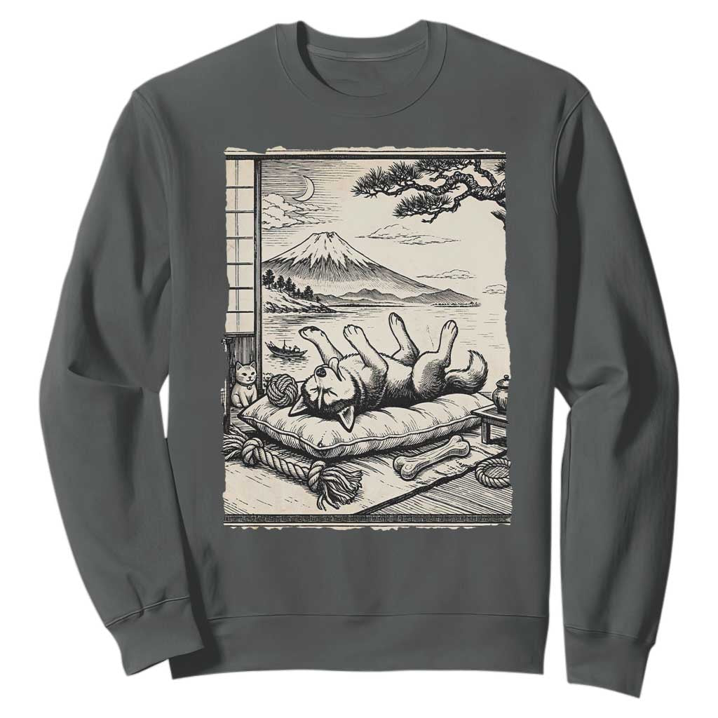 Vintage Japanese Ukiyoe Siberian Husky Sweatshirt Cute Sleeping Animal Gift TS12 Dark Heather Print Your Wear