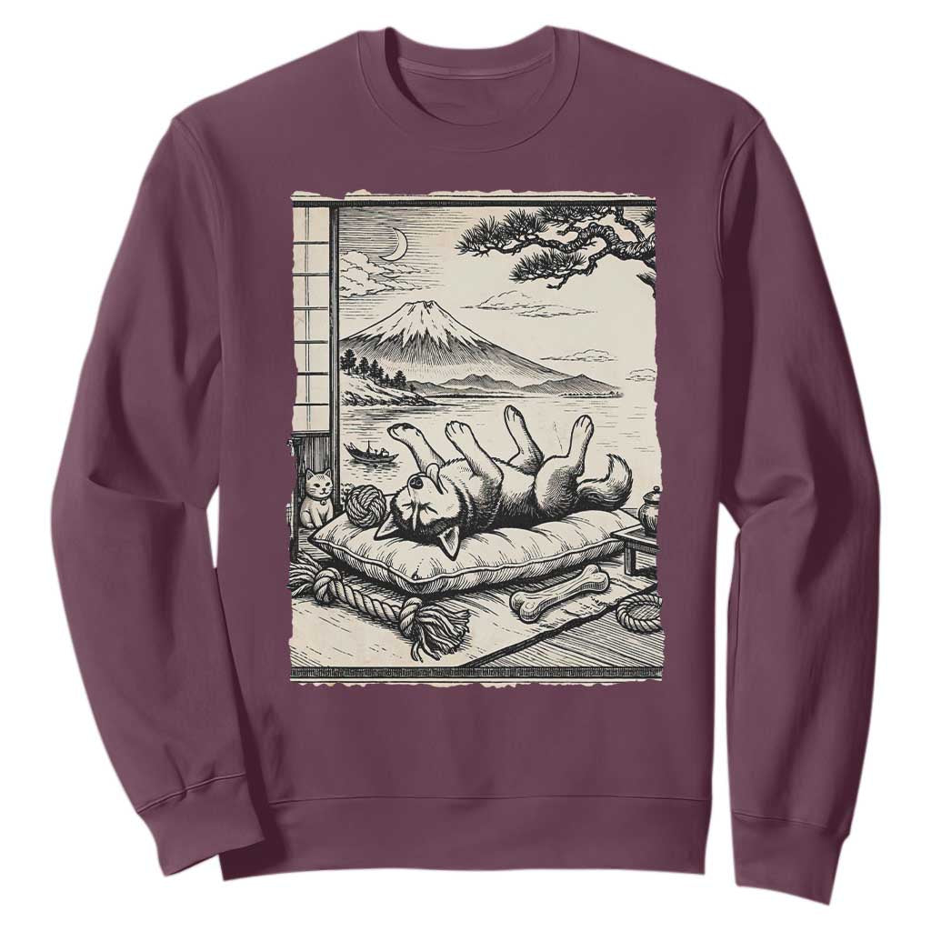 Vintage Japanese Ukiyoe Siberian Husky Sweatshirt Cute Sleeping Animal Gift TS12 Maroon Print Your Wear