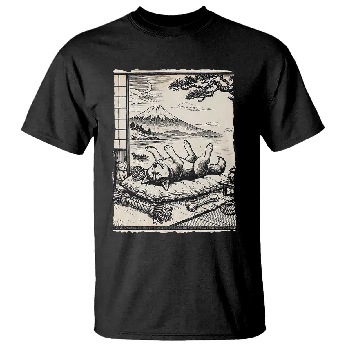 Vintage Japanese Ukiyoe Siberian Husky T Shirt Cute Sleeping Animal Gift TS12 Black Print Your Wear