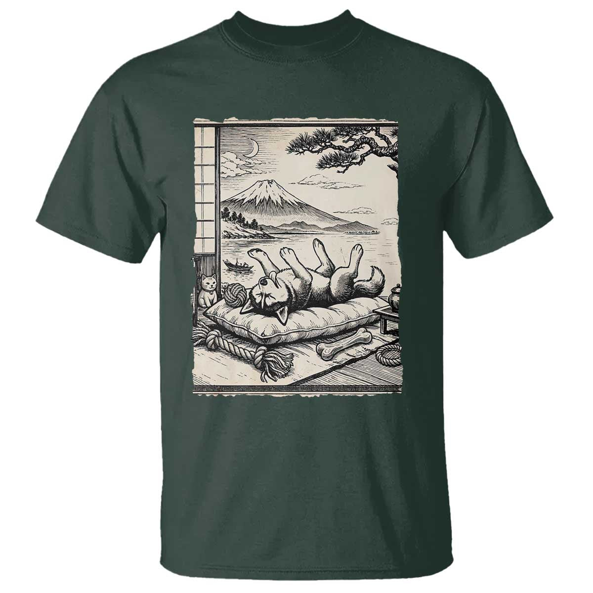 Vintage Japanese Ukiyoe Siberian Husky T Shirt Cute Sleeping Animal Gift TS12 Dark Forest Green Print Your Wear