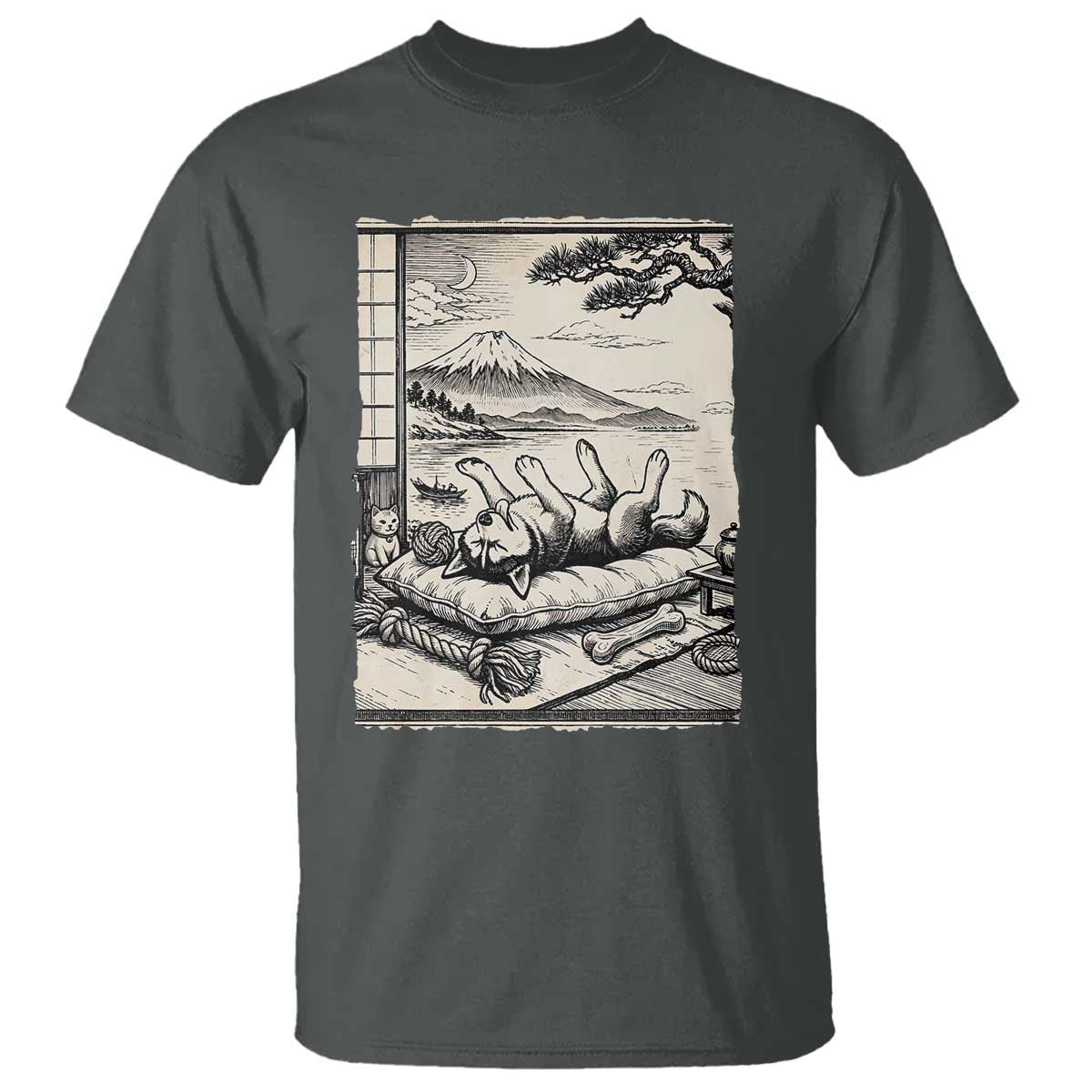 Vintage Japanese Ukiyoe Siberian Husky T Shirt Cute Sleeping Animal Gift TS12 Dark Heather Print Your Wear