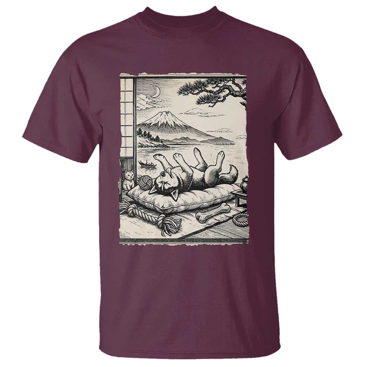 Vintage Japanese Ukiyoe Siberian Husky T Shirt Cute Sleeping Animal Gift TS12 Maroon Print Your Wear