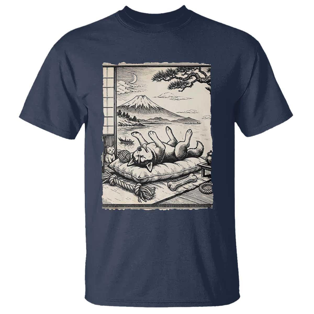 Vintage Japanese Ukiyoe Siberian Husky T Shirt Cute Sleeping Animal Gift TS12 Navy Print Your Wear