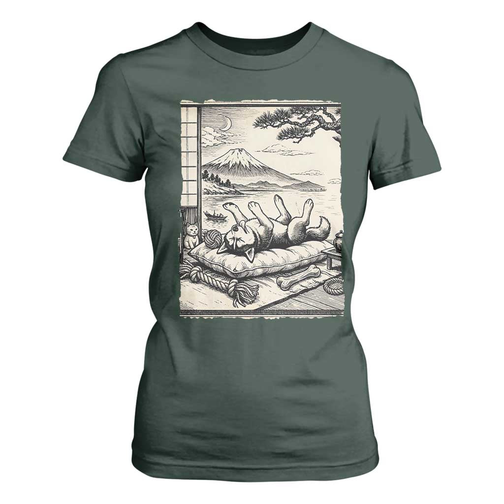 Vintage Japanese Ukiyoe Siberian Husky T Shirt For Women Cute Sleeping Animal Gift TS12 Dark Forest Green Print Your Wear