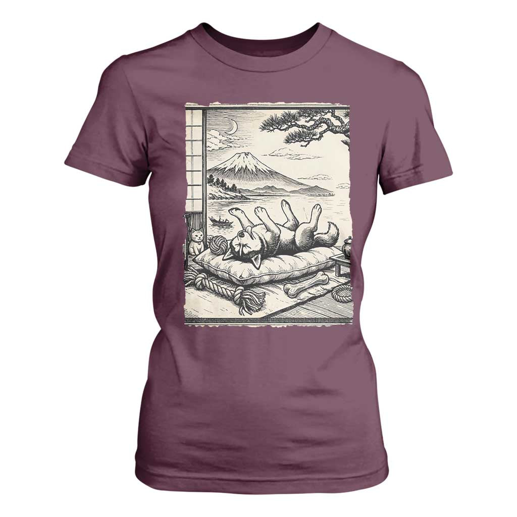 Vintage Japanese Ukiyoe Siberian Husky T Shirt For Women Cute Sleeping Animal Gift TS12 Maroon Print Your Wear