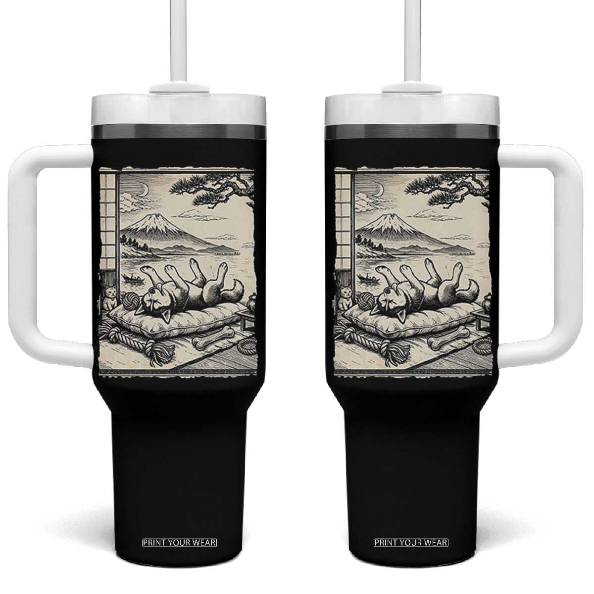 Vintage Japanese Ukiyoe Siberian Husky Tumbler With Handle Cute Sleeping Animal Gift TS12 One Size: 40 oz Black Print Your Wear