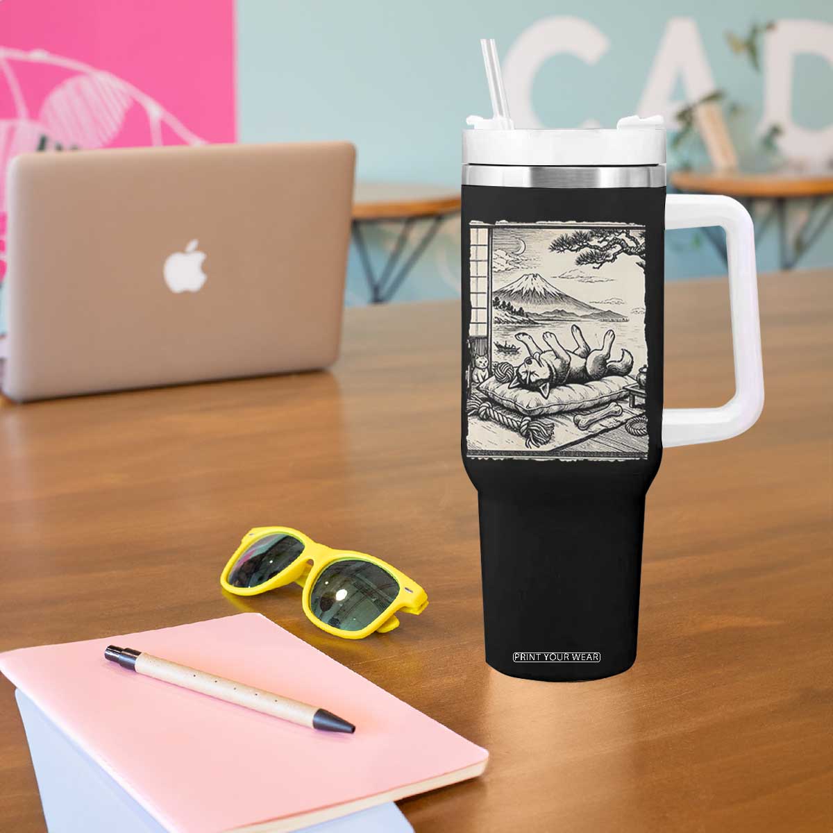 Vintage Japanese Ukiyoe Siberian Husky Tumbler With Handle Cute Sleeping Animal Gift TS12 Print Your Wear