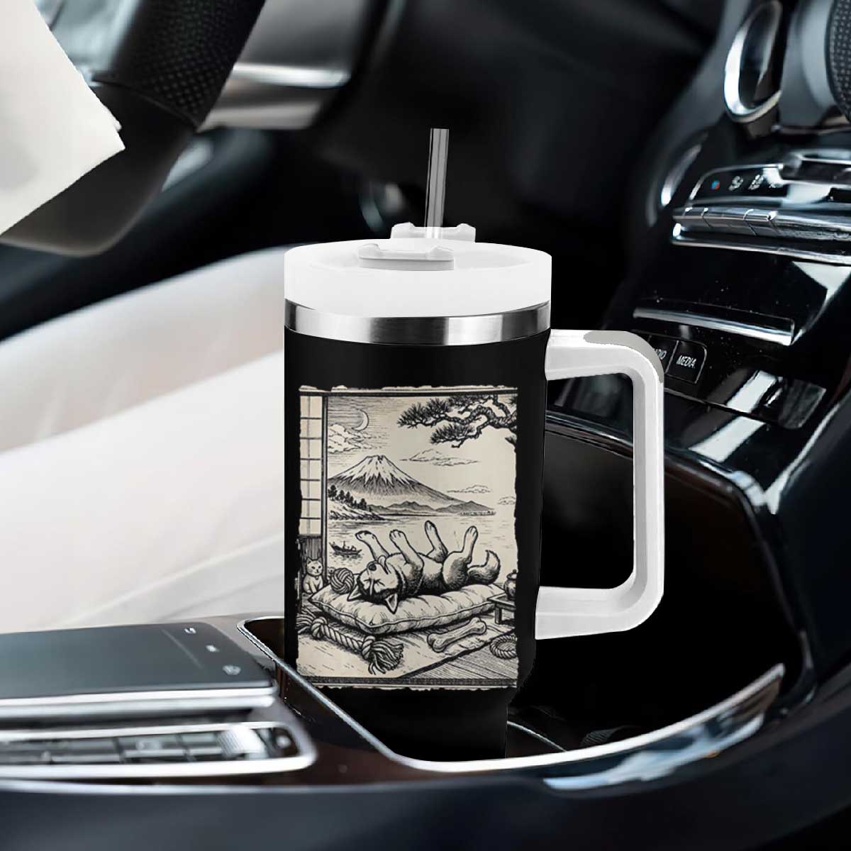 Vintage Japanese Ukiyoe Siberian Husky Tumbler With Handle Cute Sleeping Animal Gift TS12 Print Your Wear