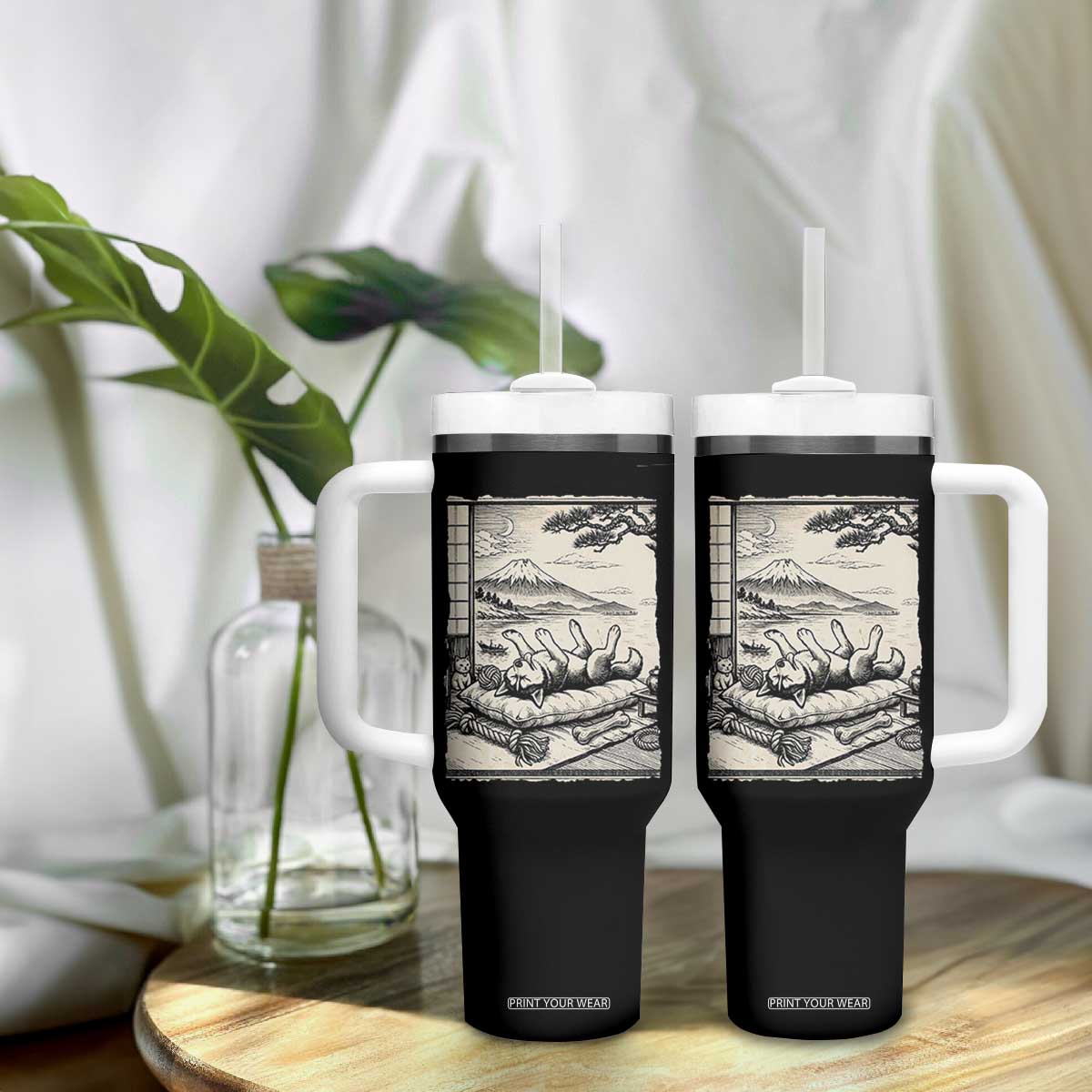 Vintage Japanese Ukiyoe Siberian Husky Tumbler With Handle Cute Sleeping Animal Gift TS12 Print Your Wear