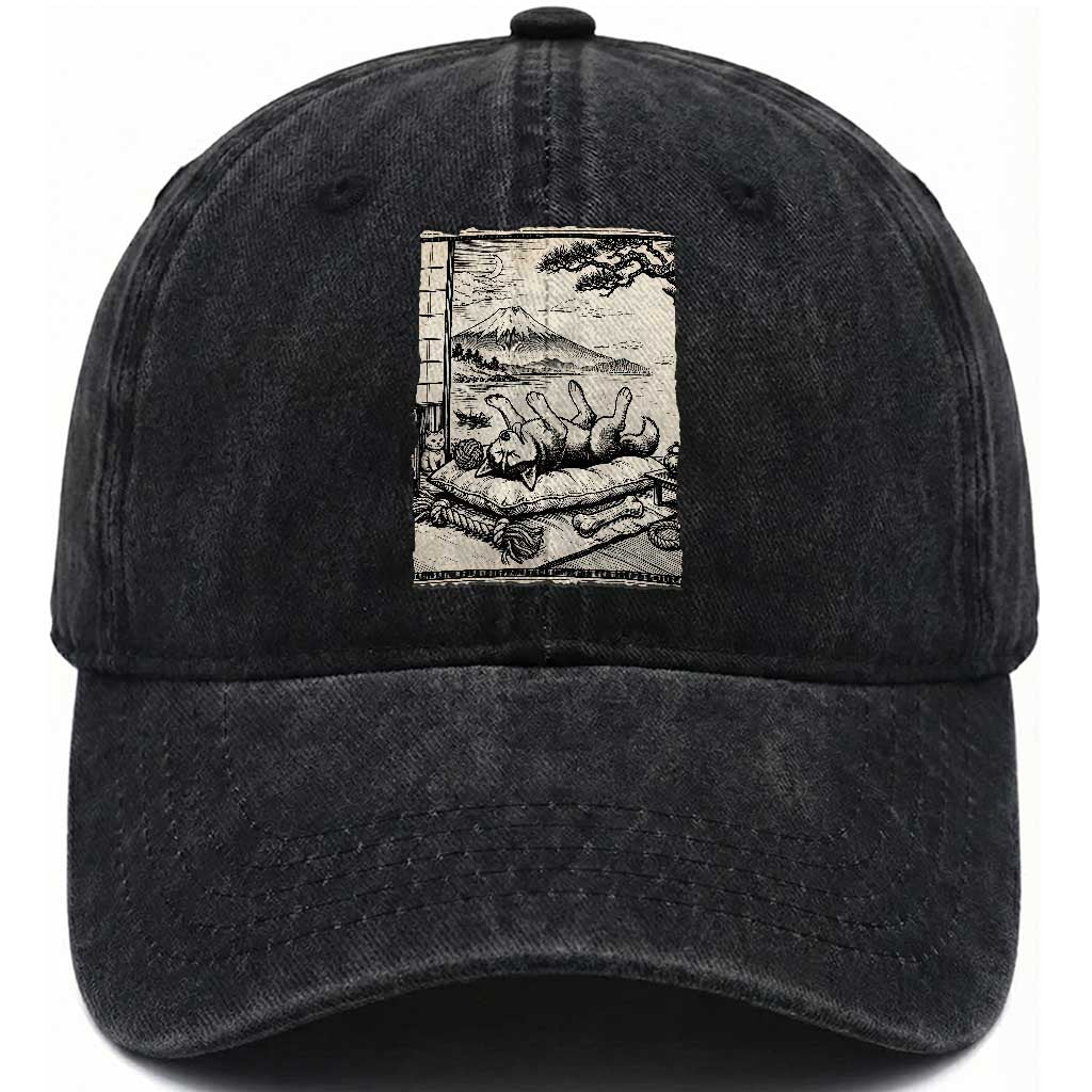 Vintage Japanese Ukiyoe Siberian Husky Washed Cotton Baseball Cap Cute Sleeping Animal Gift TS12 Print Your Wear