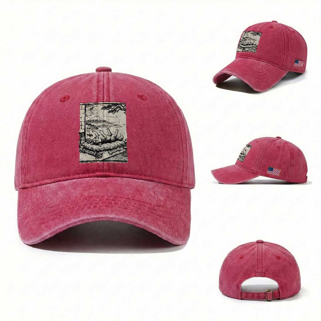 Vintage Japanese Ukiyoe Siberian Husky Washed Cotton Baseball Cap Cute Sleeping Animal Gift TS12 Washed Cap Universal Fit Red Print Your Wear