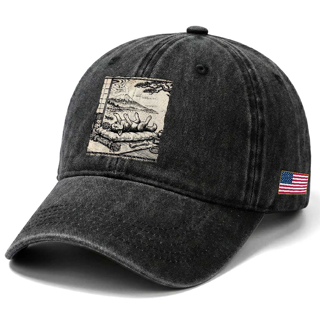 Vintage Japanese Ukiyoe Siberian Husky Washed Cotton Baseball Cap Cute Sleeping Animal Gift TS12 Print Your Wear