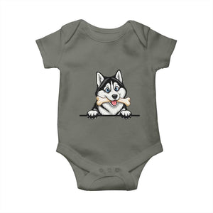 Cute Siberian Husky Puppy Baby Onesie Chewing Bone Meme TS12 Military Green Print Your Wear