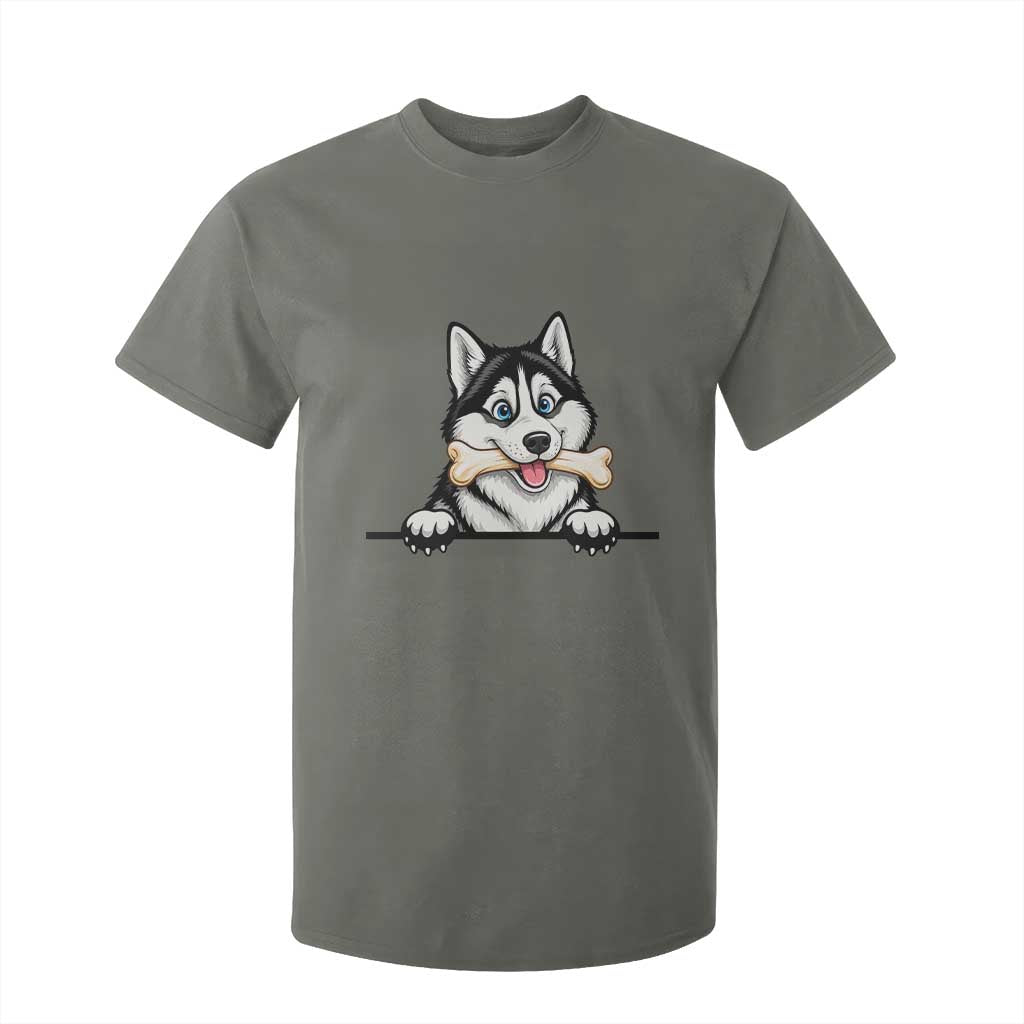 Cute Siberian Husky Puppy T Shirt For Kid Chewing Bone Meme TS12 Military Green Print Your Wear