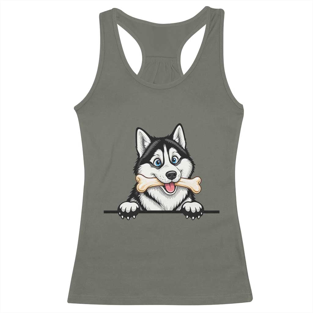Cute Siberian Husky Puppy Racerback Tank Top Chewing Bone Meme TS12 Military Green Print Your Wear