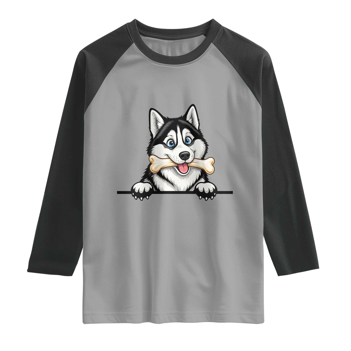 Cute Siberian Husky Puppy Raglan Shirt Chewing Bone Meme TS12 Sport Gray Black Print Your Wear