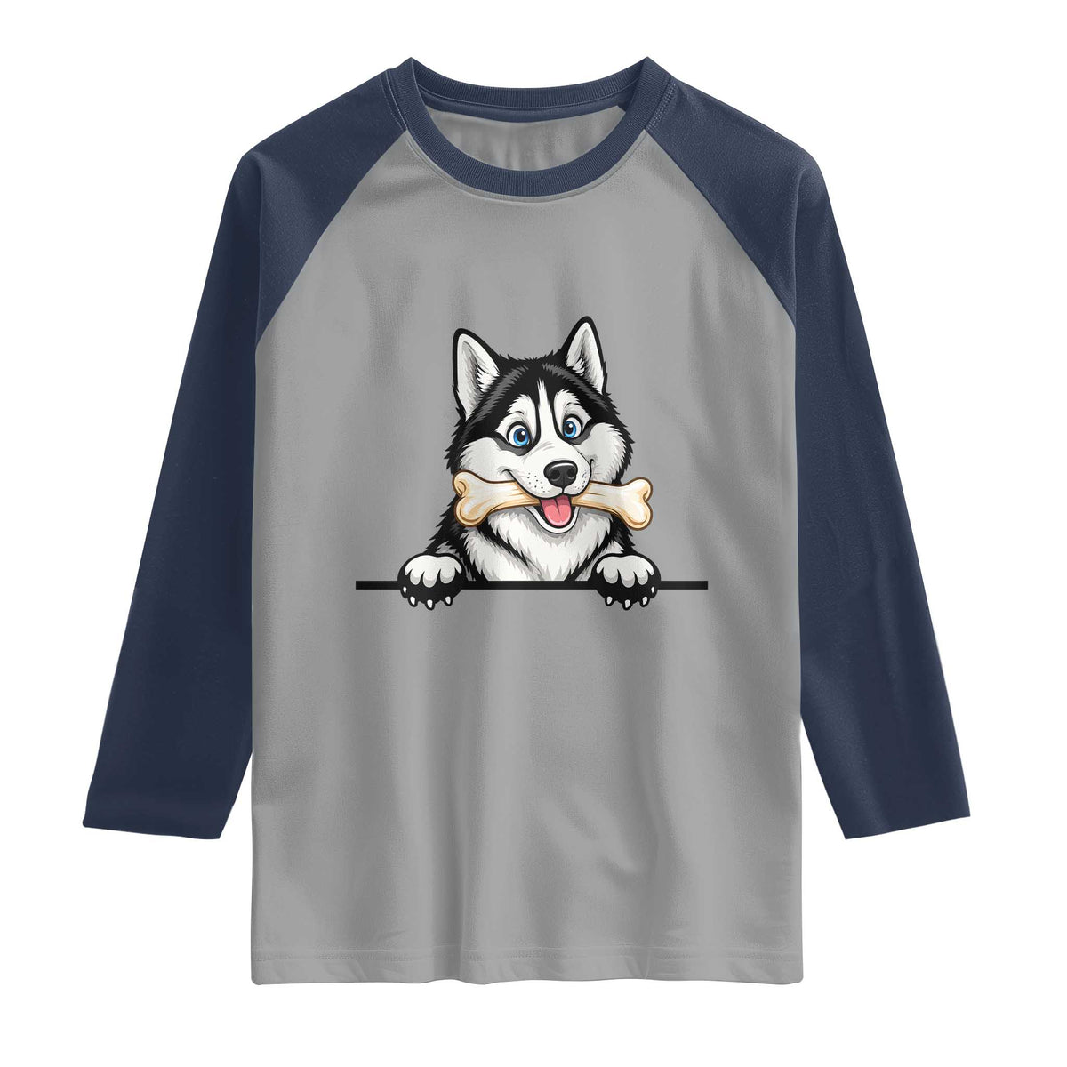 Cute Siberian Husky Puppy Raglan Shirt Chewing Bone Meme TS12 Sport Gray Navy Print Your Wear