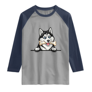 Cute Siberian Husky Puppy Raglan Shirt Chewing Bone Meme TS12 Sport Gray Navy Print Your Wear