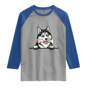Cute Siberian Husky Puppy Raglan Shirt Chewing Bone Meme TS12 Sport Gray Royal Print Your Wear
