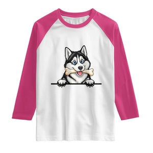 Cute Siberian Husky Puppy Raglan Shirt Chewing Bone Meme TS12 White Heliconia Print Your Wear