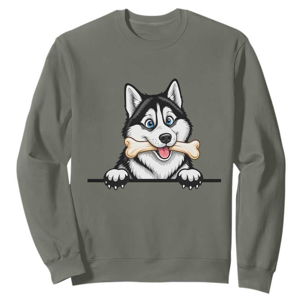 Cute Siberian Husky Puppy Sweatshirt Chewing Bone Meme TS12 Military Green Print Your Wear