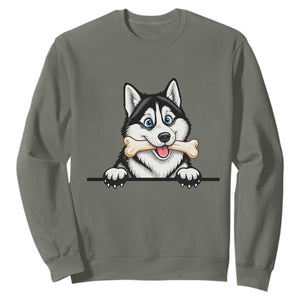 Cute Siberian Husky Puppy Sweatshirt Chewing Bone Meme TS12 Military Green Print Your Wear
