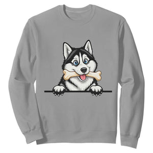Cute Siberian Husky Puppy Sweatshirt Chewing Bone Meme TS12 Sport Gray Print Your Wear