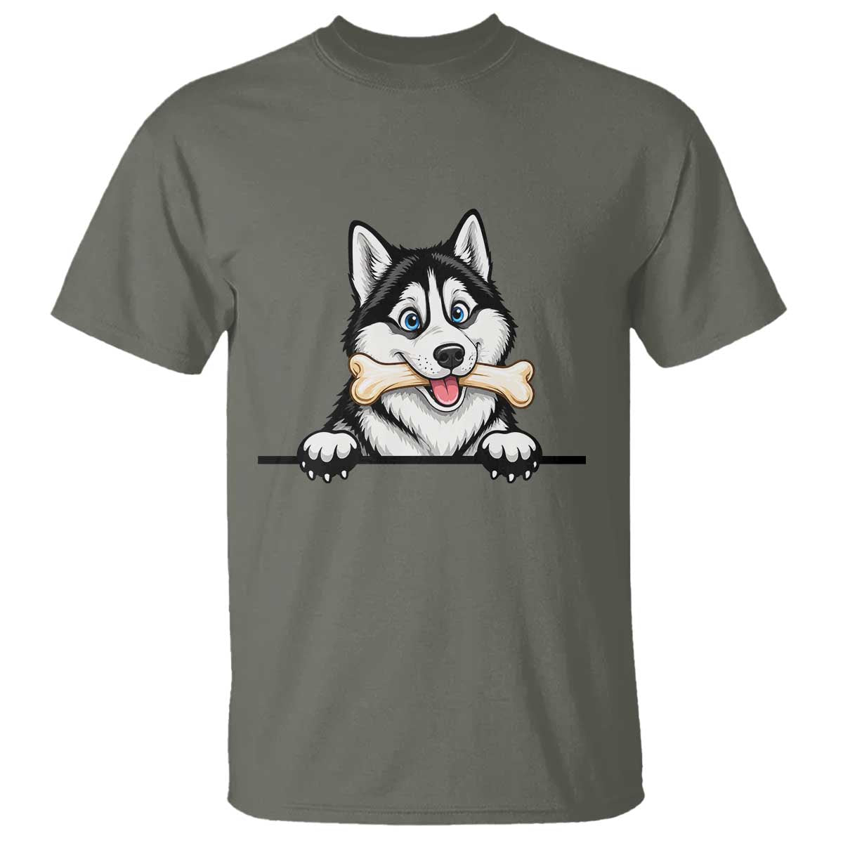 Cute Siberian Husky Puppy T Shirt Chewing Bone Meme TS12 Military Green Print Your Wear