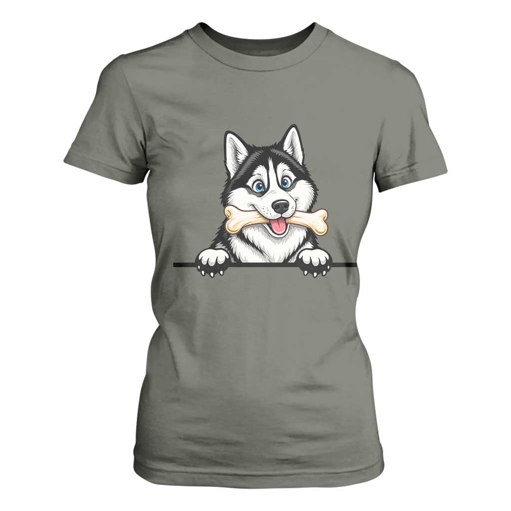 Cute Siberian Husky Puppy T Shirt For Women Chewing Bone Meme TS12 Military Green Print Your Wear