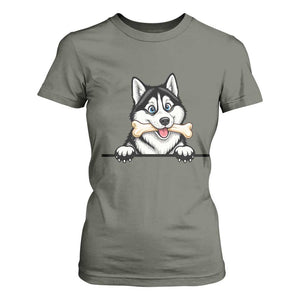 Cute Siberian Husky Puppy T Shirt For Women Chewing Bone Meme TS12 Military Green Print Your Wear
