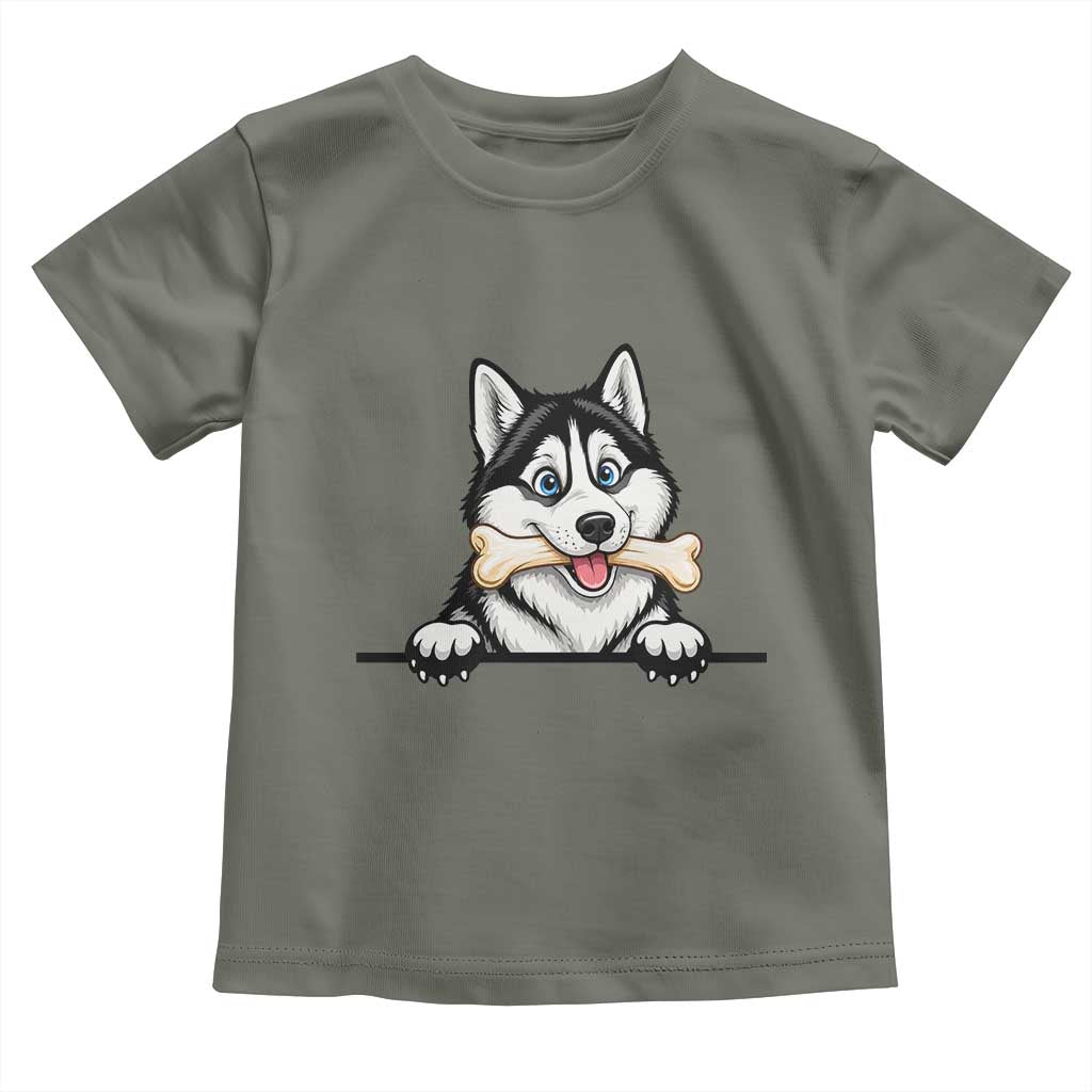 Cute Siberian Husky Puppy Toddler T Shirt Chewing Bone Meme TS12 Military Green Print Your Wear