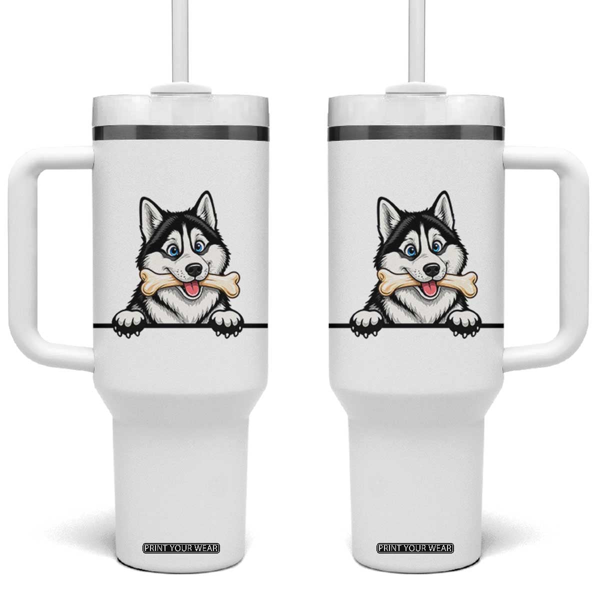 Cute Siberian Husky Puppy Tumbler With Handle Chewing Bone Meme TS12 One Size: 40 oz White Print Your Wear